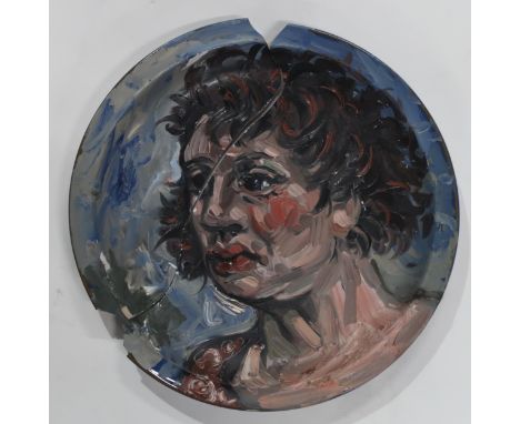 ATTRIBUTED TO PETER HOWSON (SCOTTISH b.1958) PORTRAIT&nbsp; Oil on ceramic plate, 26.5cm diameter Condition Report:Please not