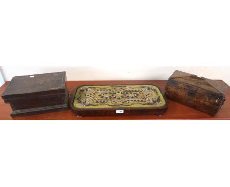A Victorian rosewood beadwork tray, Victorian tea caddy and apprentice style pine tool chest (3)&nbsp; Condition Report:Avail