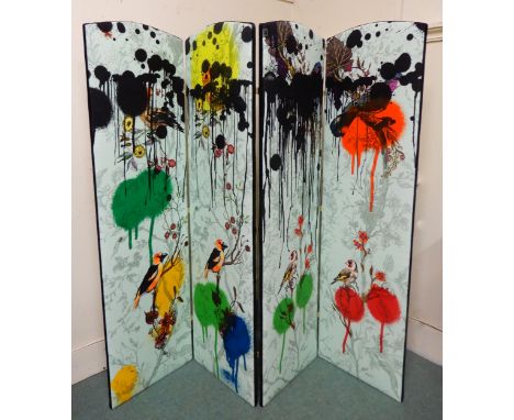 A contemporary four fold room divider upholstered in unique Timorous Beasties spray paint print of their Birds N Bees fabric,