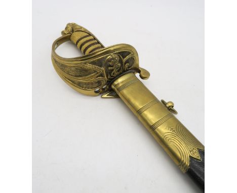 A reproduction Royal Navy officer's 1827 pattern dress sword, the blade measuring approx. 79.5cm long and housed in a brass-m