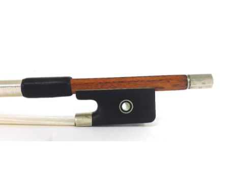 Good French nickel mounted violin bow by M. Lapierre, unstamped, the stick round, the ebony frog inlaid with nickel rings enc