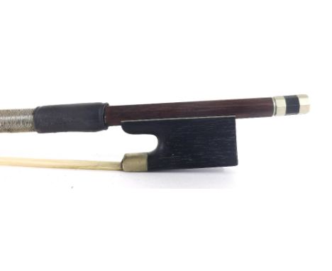 Nickel mounted violin bow stamped Dodd, the stick round, the ebony frog plain and the ebony adjuster with two nickel bands, 5