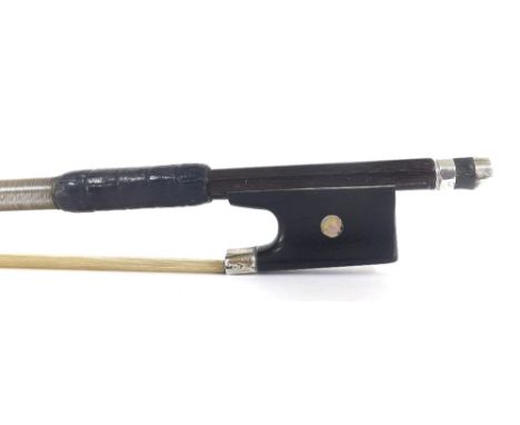 French silver mounted violin bow faintly stamped Prosper Colas á Paris, the stick round, the ebony frog inlaid with pearl eye