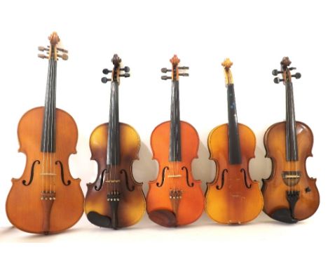 Contemporary Stentor student viola, 16 3/16", 41.10cm; also four various contemporary violins (5)
