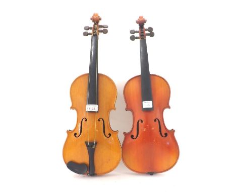 French three-quarter size violin, labelled Copie de Antonio Stradivarius..., 13 3/8", 34cm; also another three-quarter size v
