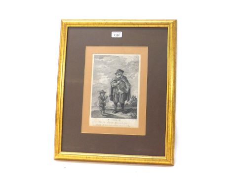 J.Ph. LeBas after D. Tenier - 'Le Vieleur', black and white print, 10.25" x 6.75", within a mount and giltwood frame