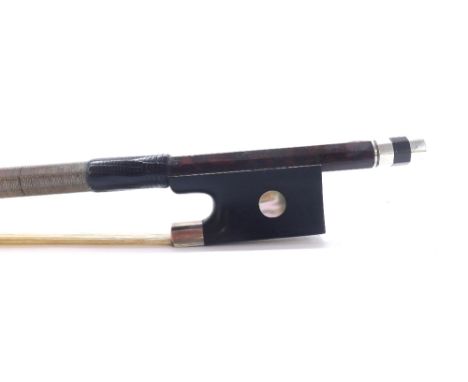 Silver mounted viola bow by and stamped Roger Gerome, the stick octagonal, the ebony frog inlaid with pearl eyes and the ebon