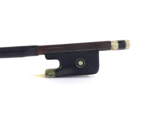 German nickel mounted violoncello bow by and stamped Fr. Wunderlich, the stick round, the ebony frog inlaid with nickel rings