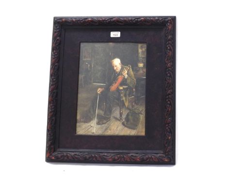 After C. Spencelay - old man with violin and bow seated in a cottage interior, coloured print, 14.5" x 10.5", within a carved