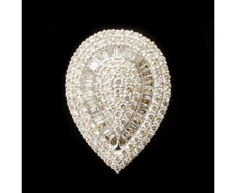 A large 9ct white gold tear drop-shaped diamond cluster ring - Baguette and Round Brilliant Cut diamonds 3.09ct - ring size M