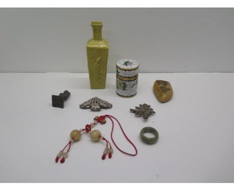 Oriental items to include white metal brooches, yellow ground vase 13cm, a cloisonne box and cover and a bronze figural seal 