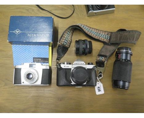 Assorted cameras and accessories - Pentax K1000 (working) with additional wide lens and an Agfa Silette in original box with 