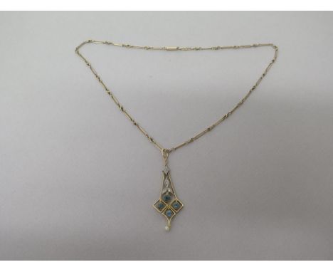 An Edwardian 9ct rose gold (hallmarked) pendant and chain - pendant approx 6cm set with diamonds, aquamarine and pearl - weig