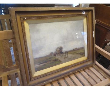 An oil on canvas Travellers &amp; Horses on a Country Path - in a gilt frame - 85cm x 68cm - signed verso Going to the Fair R