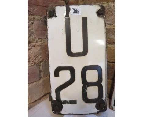 An enamel railway signal identification sign 'U28' with mounting brackets - Height 36cm 