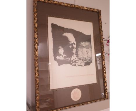 A lithograph of Winston Churchill signed Sarah Churchill in a gilt frame - 98cm x 74cm 