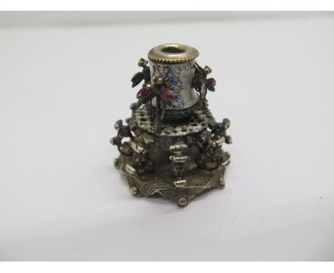 A silver gilt and enamel miniature candle holder, possibly Russian, with dragon flies - approx 4cm high 