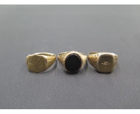 Three men's 9ct (hallmarked) yellow gold rings sizes P, P, M - weight approx 13.8 grams 