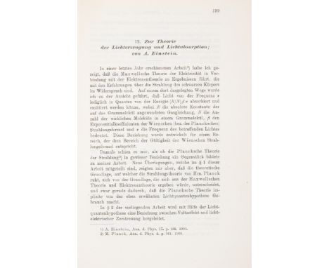 Physics.- Einstein (Albert) Zur Theorie der Lichterzeugung und Lichtabsorption [and] Das Prinzip von der Erhaltung der Schwer
