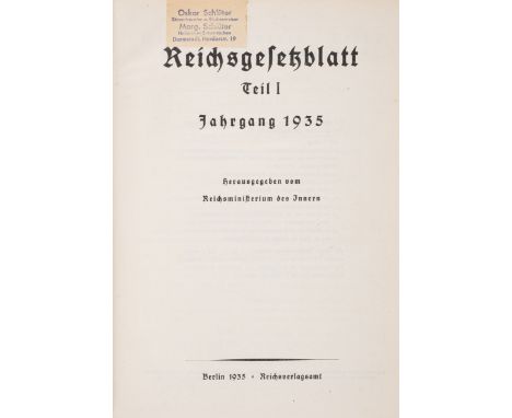 World War Two.- Reichsgesetzblatt Teil I. Jahrgang 1935, vol. 1 only (of 2), booksellers paper label to title, original cloth