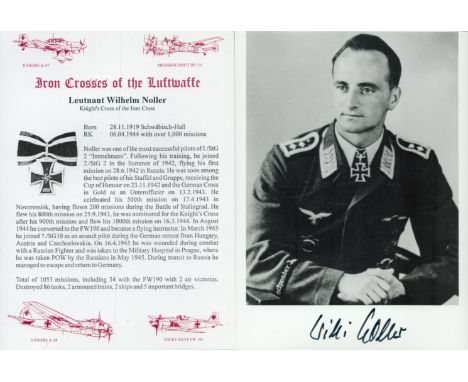 WW2 Luftwaffe fighter ace Leut Wilhelm Noller KC signed 7 x 5 inch b/w portrait photo along with a super career biography car