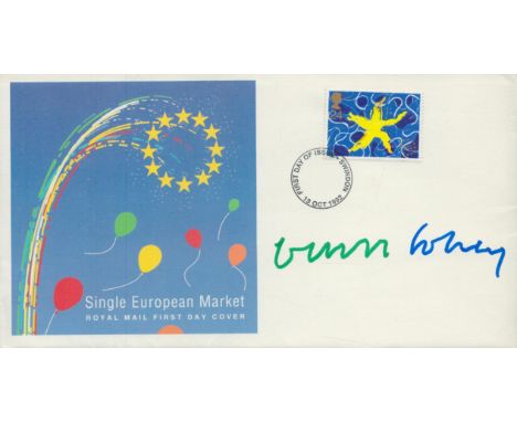 David Hockney, artist. A signed (in green and blue ink) 1992 Single European Market FDC. The stamp was designed by Hockney, c