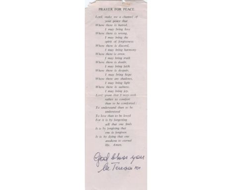 TERESA MOTHER: (1910-1997) Albanian Roman Catholic Nun, Nobel Peace Prize winner, 1979. Printed Prayer signed, God bless you,