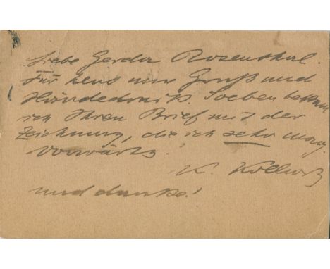 KOLLWITZ KATHE: (1867-1945) German Painter, Printmaker and Sculptor. A.L.S., K. Kollwitz, on one side of a plain postcard, n.
