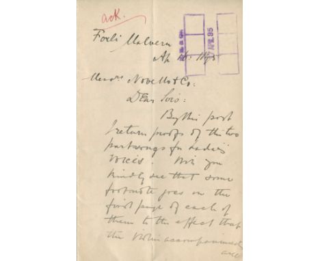 ELGAR EDWARD: (1857-1934) English Composer. Illustrated A.L.S., Edward Elgar, four pages, 8vo, Forli, Malvern, 16th April 189