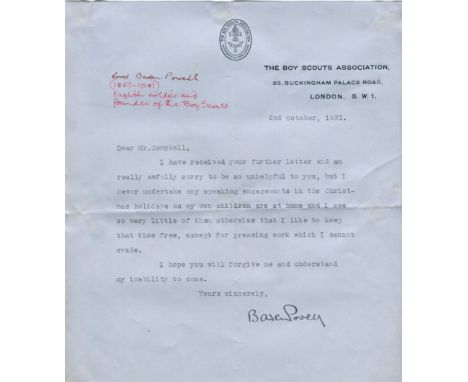 BADEN-POWELL ROBERT: (1857-1941) British Lieutenant General, founder of the Scout movement. T.L.S., Baden Powell, one page, 4