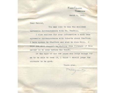 KEYNES JOHN MAYNARD: (1883-1946) British Economist. T.L.S., J M Keynes, one page, 4to, King's College, Cambridge, 6th March 1