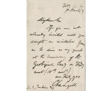 LYELL CHARLES: (1797-1875) British Geologist, a close and influential friend of Charles Darwin. A.L.S., Cha. Lyell, one page,