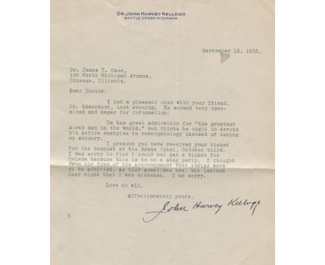 KELLOGG JOHN HARVEY: (1852-1943) American Doctor, an advocate of vegetarianism who is best known as the inventor, along with 