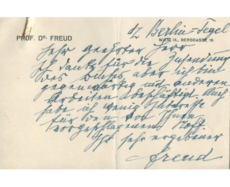 FREUD SIGMUND: (1856-1939) Austrian Psychiatrist. A.L.S., Freud, on one side of his personal printed correspondence card bear