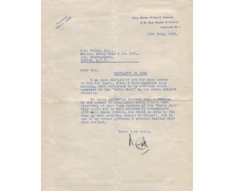 CAMPBELL MALCOLM: (1885-1948) British Land &amp; Water Speed Record Holder. T.L.S., M. Campbell, one page, 4to, Old Bond Stre
