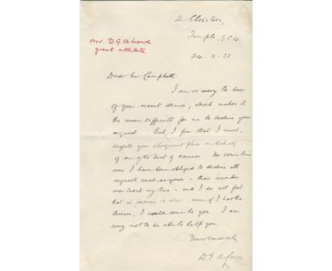 LOWE DOUGLAS: (1902-1981) British Athlete, Olympic Gold medallist in 1924 &amp; 1928. A.L.S., D. G. A. Lowe, one page, 8vo, T