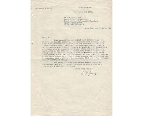JUNG CARL: (1875-1961) Swiss Psychiatrist, founder of analytical psychology. T.L.S., C. G. Jung, one page, 4to, Zurich, 1st F