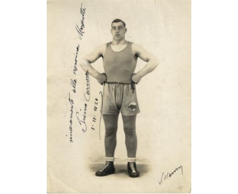 CARNERA PRIMO: (1906-1967) Italian Boxer, World Heavyweight Champion 1933-34. Vintage signed and inscribed 7 x 9.5 photograph