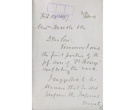 ELGAR EDWARD: (1857-1934) English Composer. A.L.S., Edward Elgar, four pages, 8vo, Forli, Malvern, 14th February 1897, to Mes