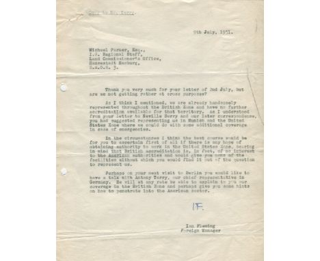 FLEMING IAN: (1908-1964) British Author, creator of James Bond. T.L.S., with his initials I F, one page, 4to, n.p. (London), 