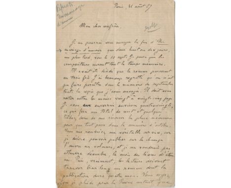 ZOLA EMILE: (1840-1902) French Writer. A good A.L.S., Emile Zola, two pages, 8vo, Paris, 31st August 1867, to 'Mon cher confr