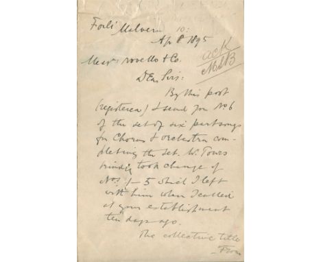 ELGAR EDWARD: (1857-1934) English Composer. A.L.S., Edward Elgar, three pages, 8vo, Forli, Malvern, 8th April 1895 (the day l