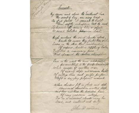 DAVIDSON JOHN: (1857-1909) Scottish Poet, known for his ballads. Autograph Poem Signed, John Davidson, one page, folio, n.p.,