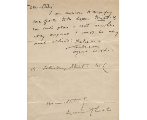 WILDE OSCAR: (1854-1900) Irish Playwright & Novelist. A good A.L.S., Oscar Wilde, one page, 8vo, Salisbury Street, London, n.