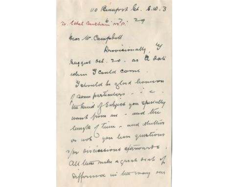 BENTHAM ETHEL: (1861-1931) British Suffragette, Doctor & Politician. A.L.S., Ethel Bentham, two pages, 8vo, Beaufort Street, 