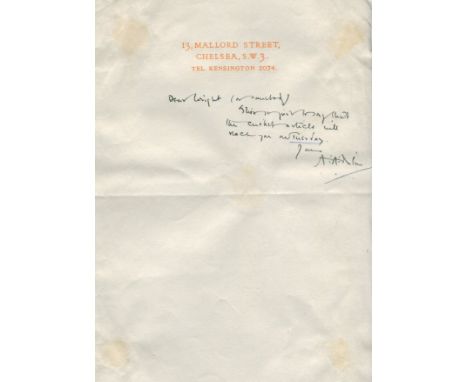 MILNE A. A.: (1882-1956) English Author, creator of Winnie-the-Pooh. Brief A.L.S., A. A. Milne, one page, 8vo, Chelsea, n.d.,