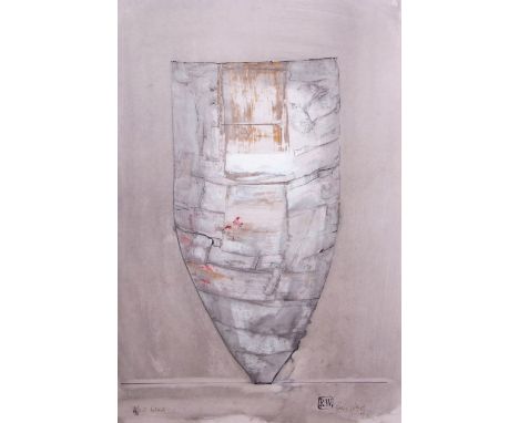 •AR Robin Welch (1936-2019), "Blue Form and Crackle Top" and "White Vessel", two mixed media on paper, both signed and inscri