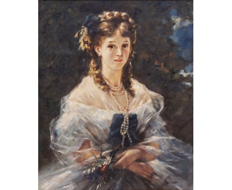 W. MANDER A head and shoulder portrait, oil on canvas, 59cm x 48cm; a further decorative oil painting and a print of Manhatta