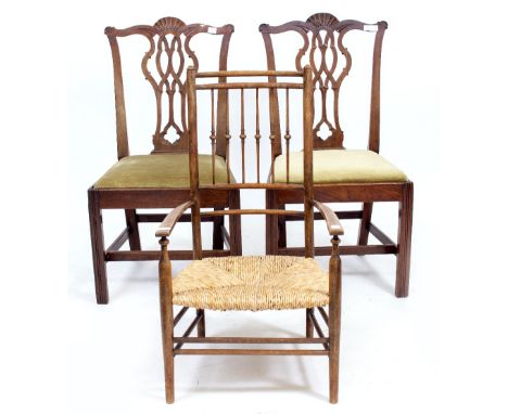 A PAIR OF 19TH CENTURY CHIPPENDALE STYLE DINING CHAIRS with pierced splat backs and inset seats each 49cm wide x 47cm deep x 