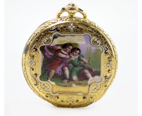 A GILT METAL MOUNTED FRENCH POCKET WATCH the white enamel dial with black roman numerals marked 'Alliez et Berguer a Geneva',